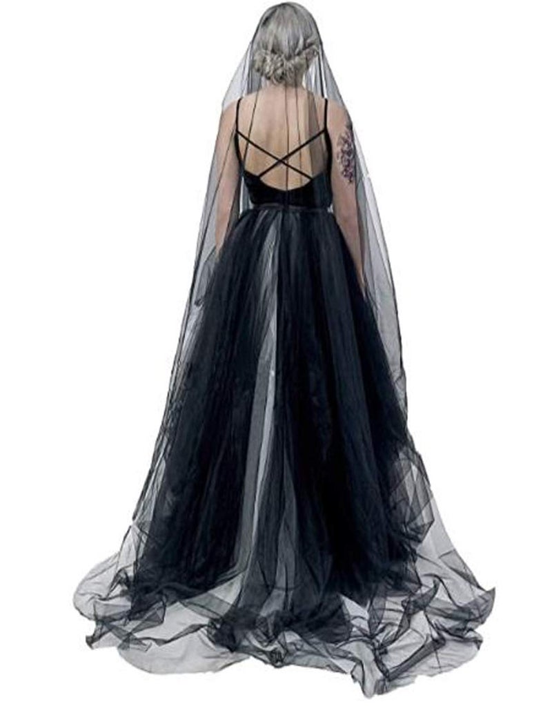 FakeFace 15 ft Long Black Veil Halloween Costume Witch Cosplay Party Veil Soft Tulle Lace Bridal Veils Cathedral Wedding Veil Headband Dress Up Props (Black, 15 ft long) - Image 4